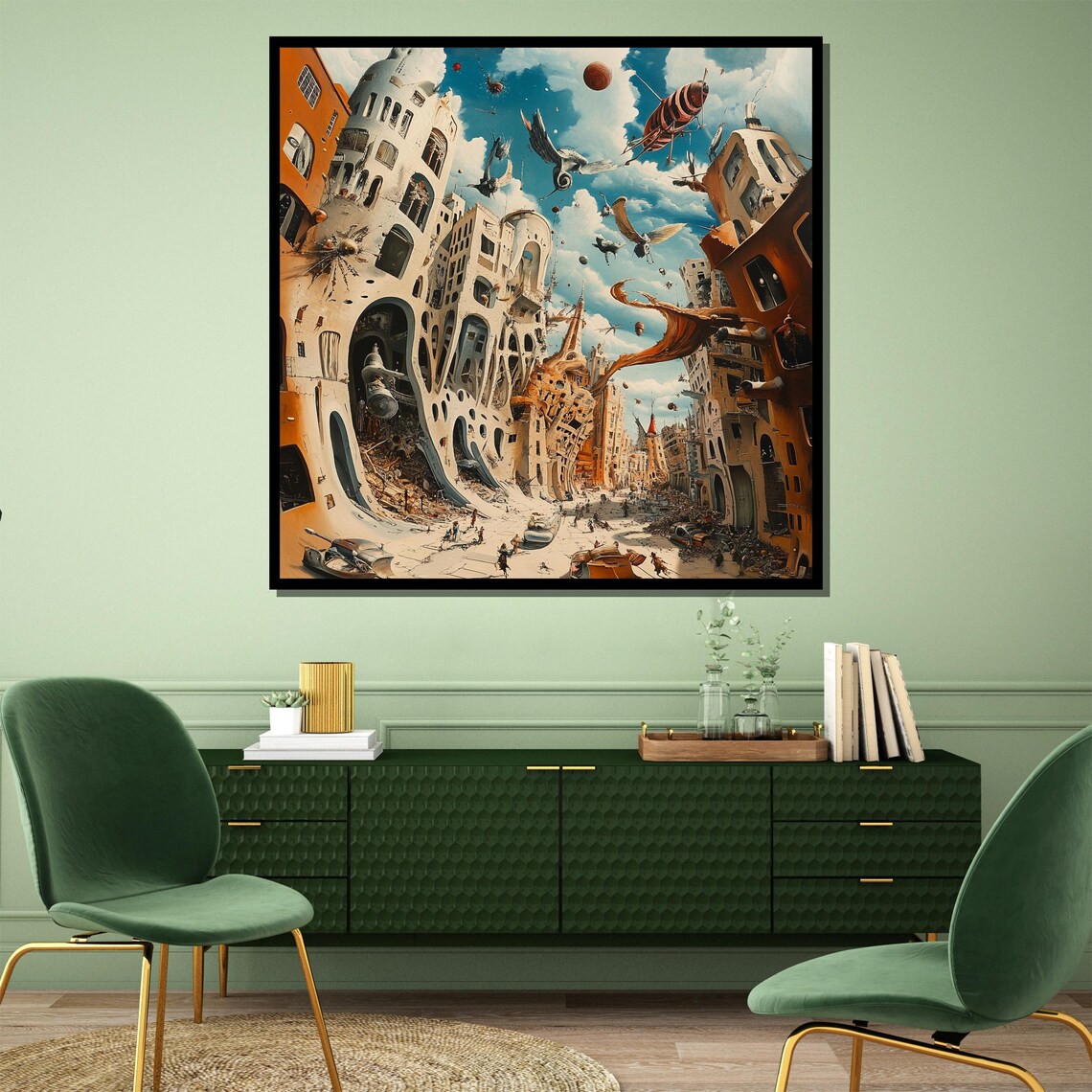 Whimsical Surreal City Melting Spires Flying Machines Chaos Art Poster - Image 3