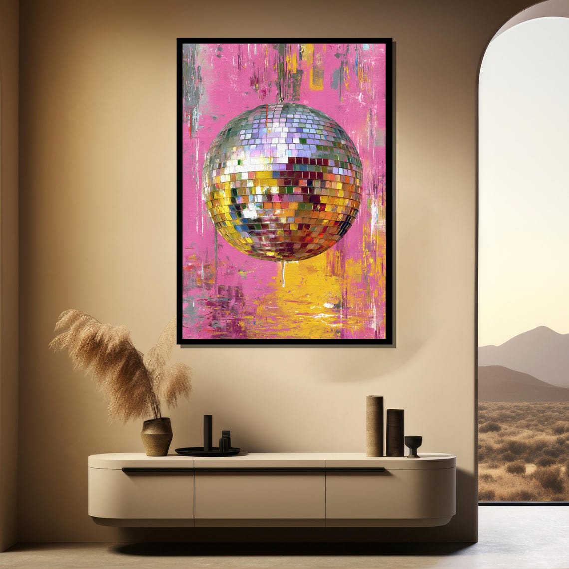 Mirror Ball Hanging Over Pink Abstract Neon Party Painting Poster - Image 3