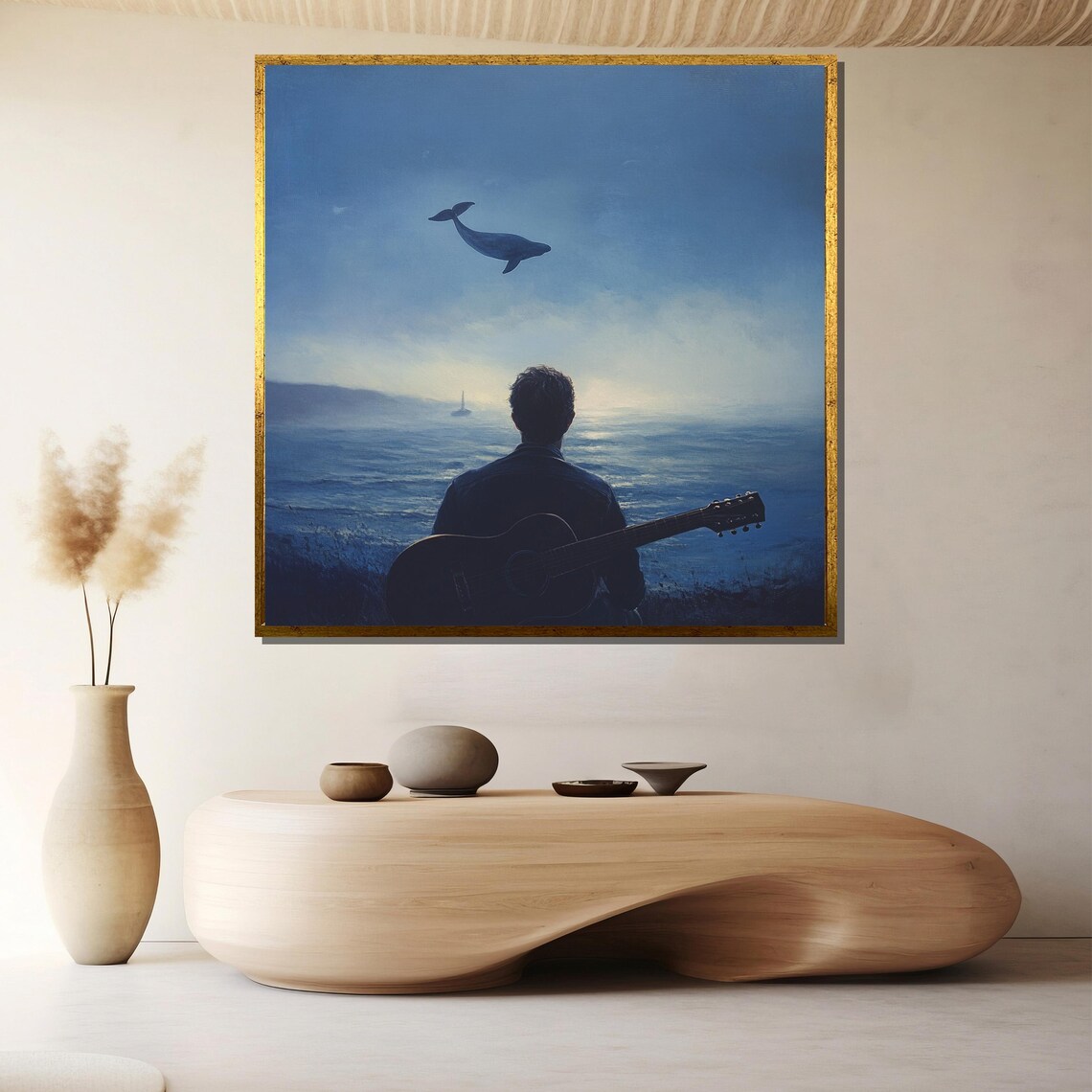 Moonlit Sea Guitarist Silhouette Flying Whale Surreal Ocean Art Poster