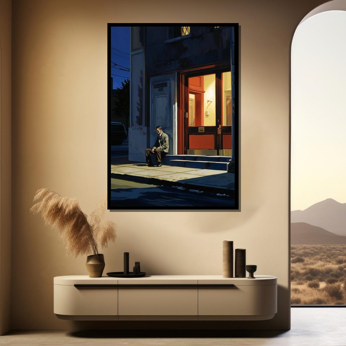 Edward Hopper Style Lonely Man Night Doorway Moody Painting Poster - Image 3