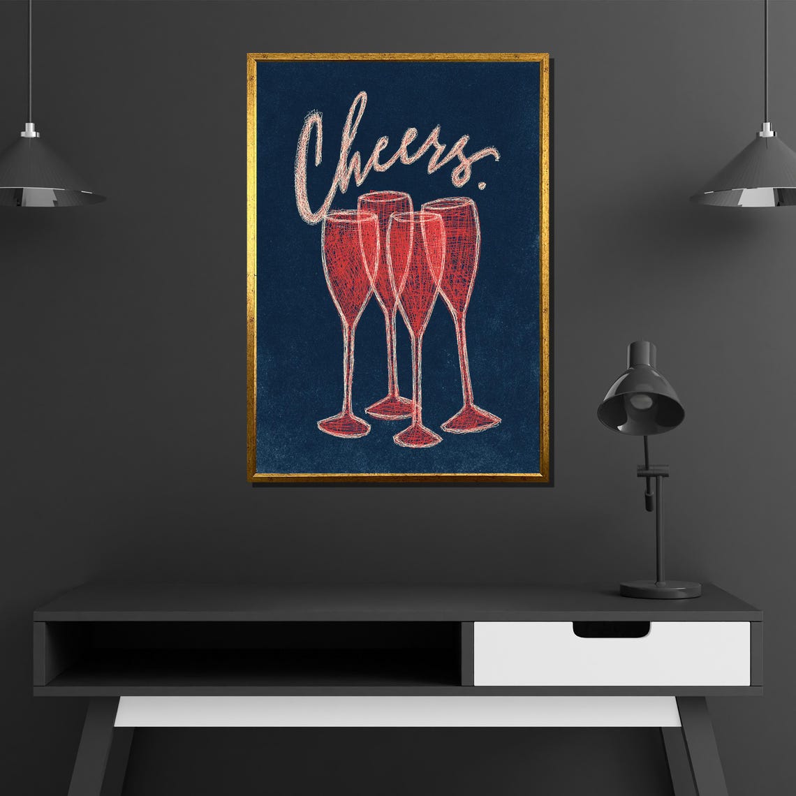 Cheers Champagne Flutes Navy Blue Sketch Bar Party Celebration Poster - Image 4