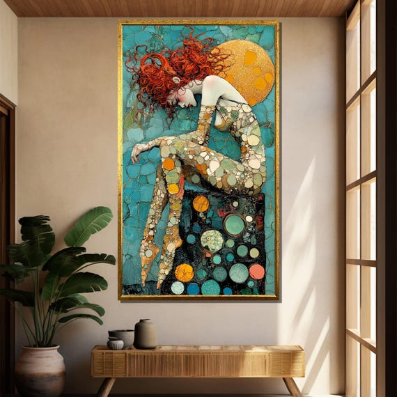 Mosaic Woman Figure Canvas Art Abstract Female Form With Red Hair And Sun Motif In Blue Orange For Bold Artistic Wall Statement
