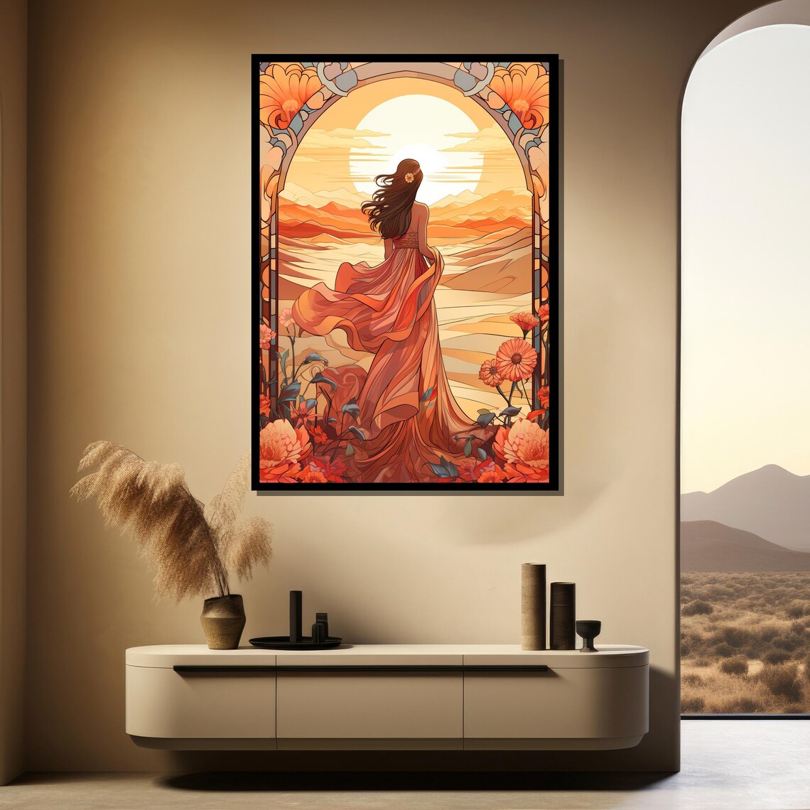 Woman Watching Sunset Art Nouveau Style Floral Golden Arch Poster - Image 3