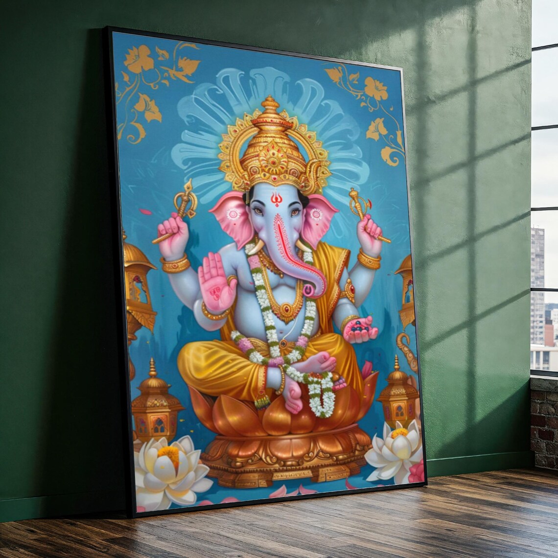 Lord Ganesha Golden Crown Lotus Sacred Blessing Hindu Deity Poster