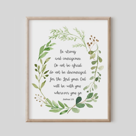 Joshua 19 Be Strong And Courageous Bible Verse Wall Art Christian Gift Scripture Print Watercolor Botanical Wreath Baby Boy Nursery