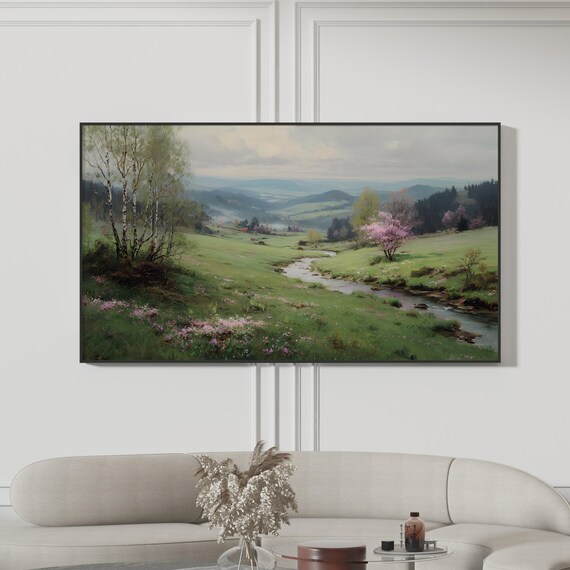 Tranquil Mountain Valley Stream Birch Trees Spring Meadow Poster
