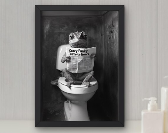 Funny Chameleon Bathroom Poster Chameleon Reading Newspaper On Toilet Humorous Animal Art Bathroom Wall Decor