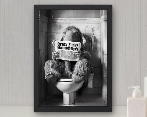 Funny Mammoth Bathroom Poster Mammoth Reading Newspaper On Toilet Humorous Animal Art Bathroom Wall Decor