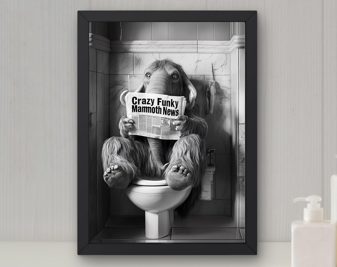 Woolly Mammoth Reading a Newspaper on the Toilet Funny Poster