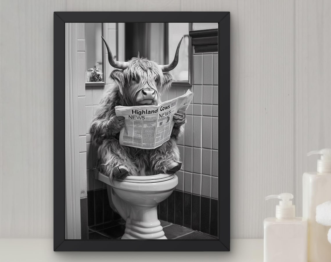 Highland Cow Reading a Newspaper on the Toilet Funny Bathroom Poster