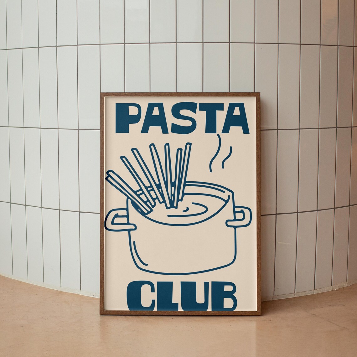 Pasta Club Retro Typography Navy Line Art Spaghetti Pot Kitchen Poster