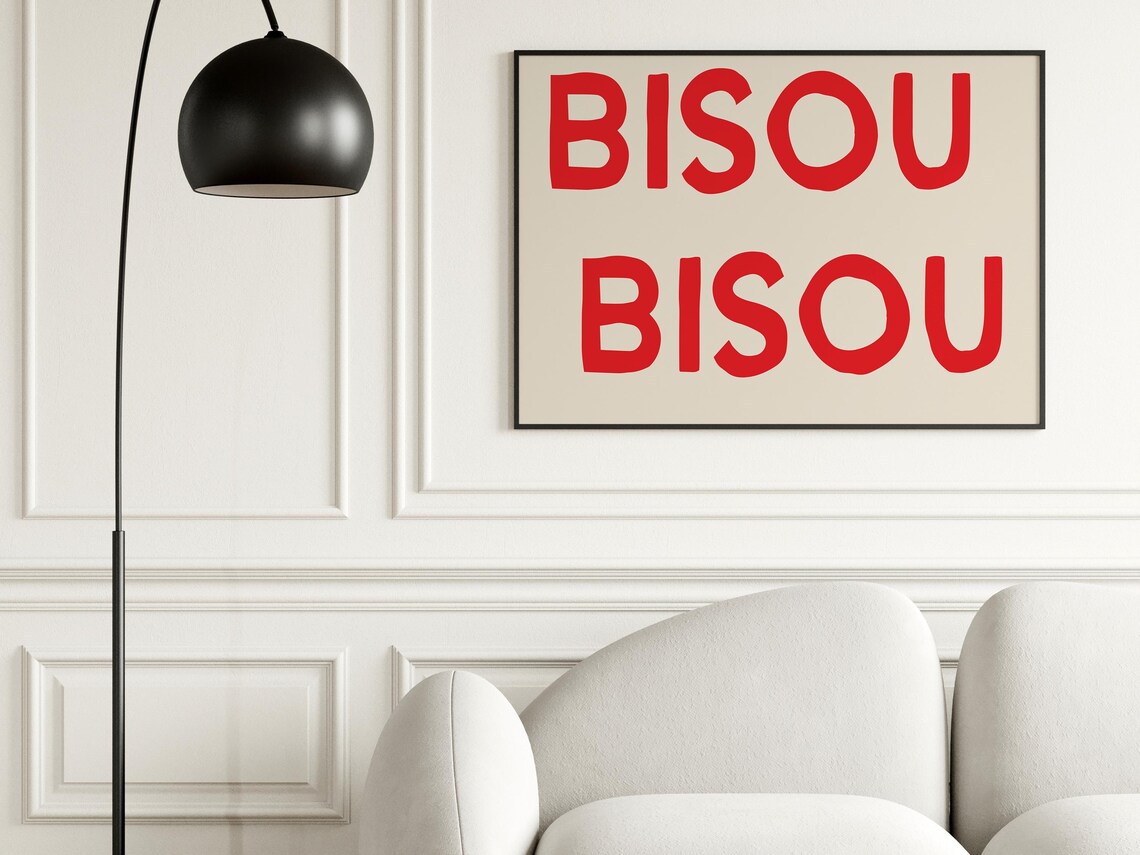 Chic Bisou Bisou French Kiss Red Cream Minimal Typography Poster