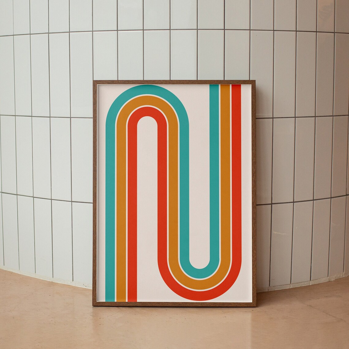 Retro Rainbow Arch Lines Teal Orange Mid Century Modern Geometric Wall Art