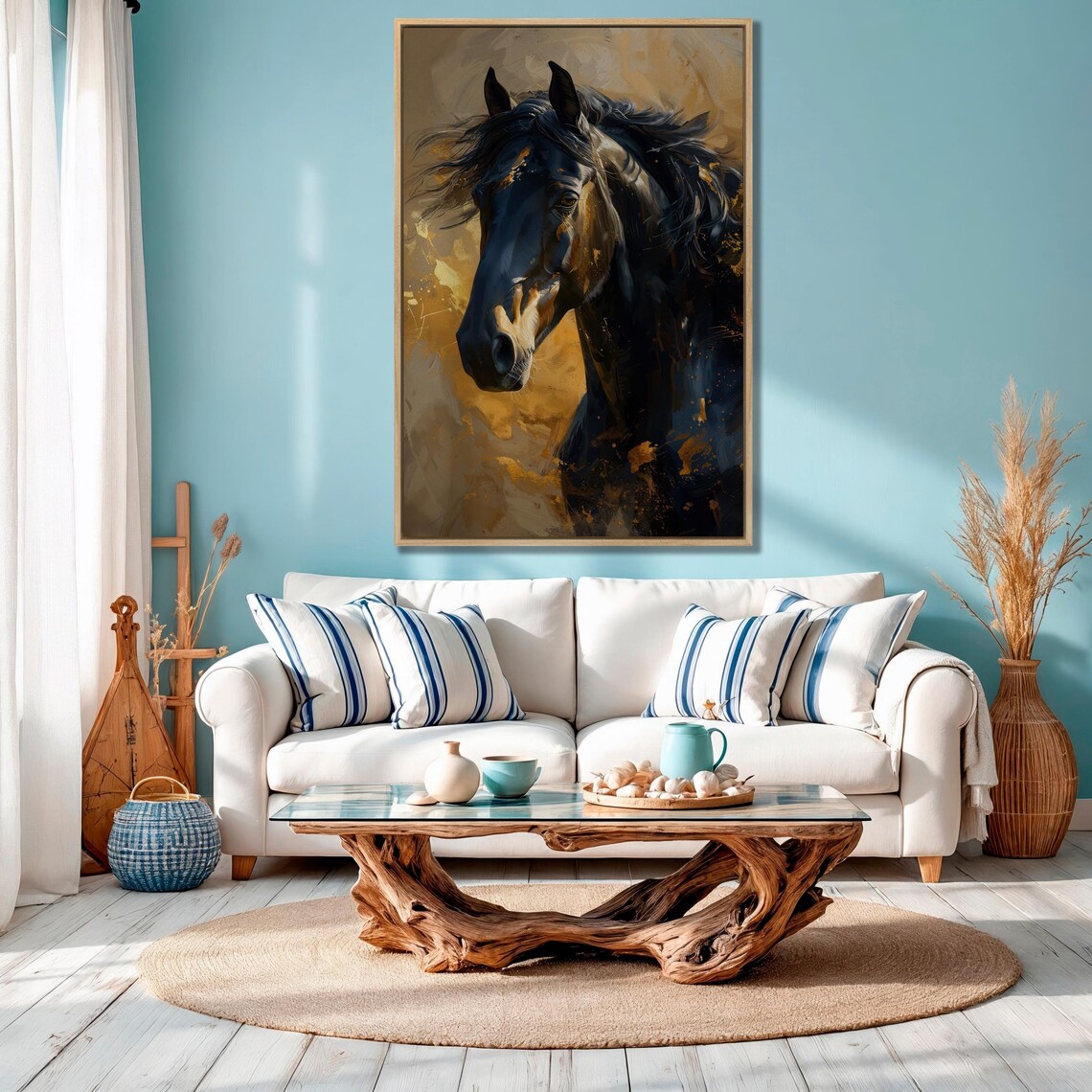 Black Horse Portrait Golden Abstract Background Equestrian Wall Art - Image 3