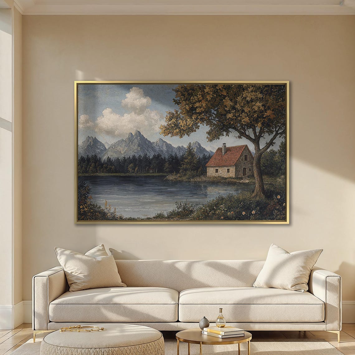 Stone Lakeside Cottage With Mountains Golden Tree Landscape Poster - Image 2