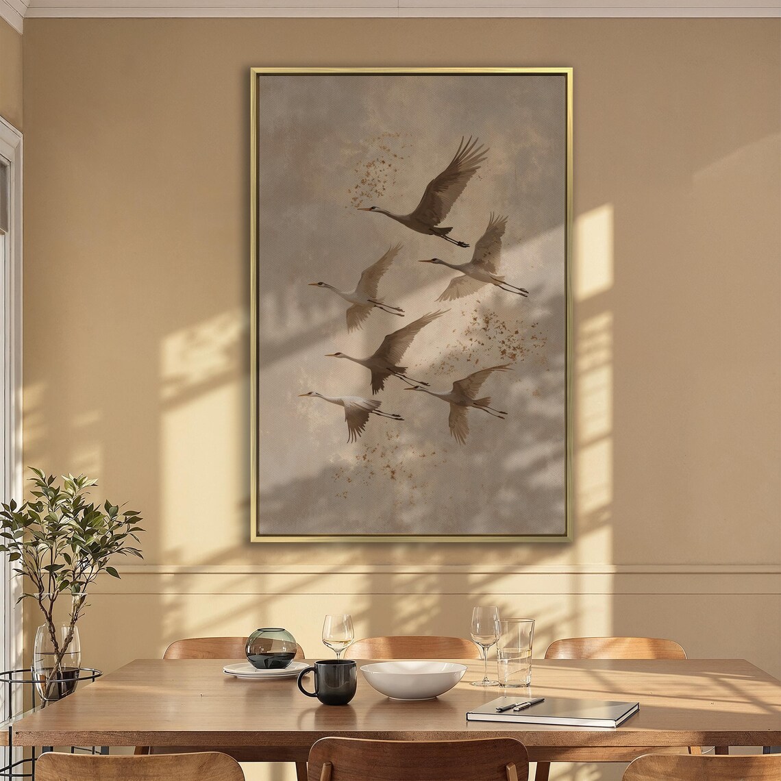 Six Cranes in Flight Sepia Tones Minimalist Bird Elegant Art Poster - Image 6