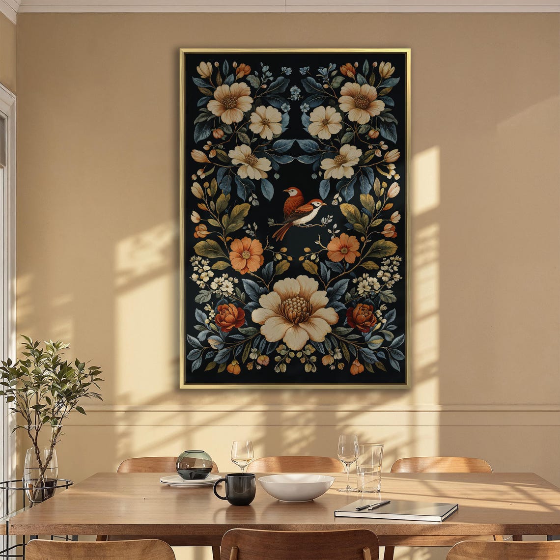 Symmetrical Floral Wreath with Bird on Black Vintage Botanical Poster - Image 2