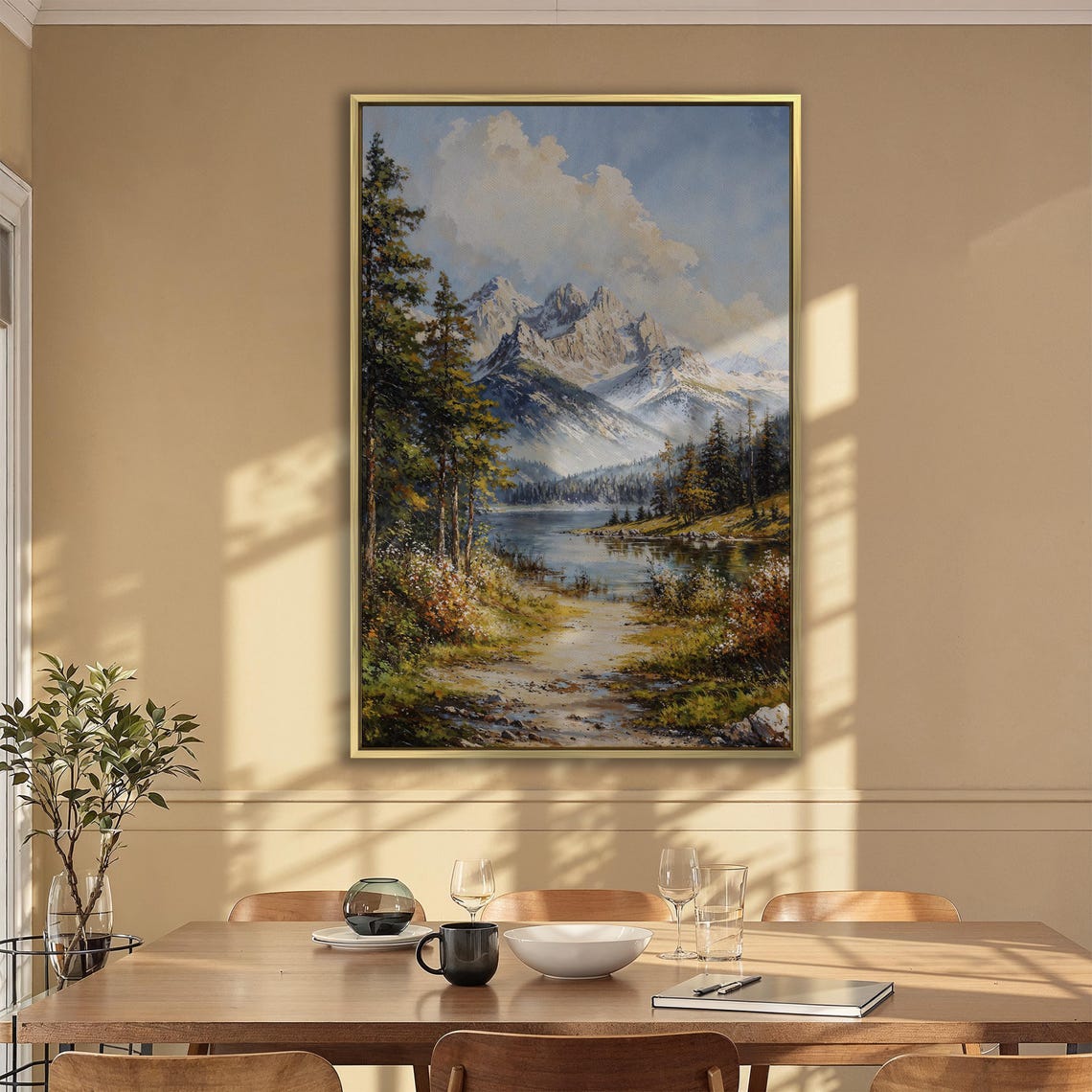 Snowy Mountain Peaks Above Calm Lake With Forest Path Poster - Image 2