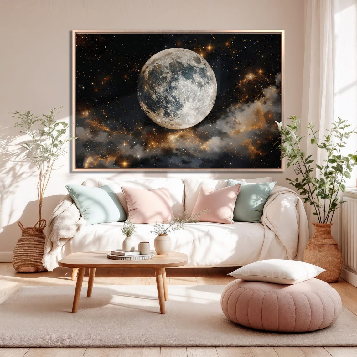 Detailed Full Moon Glowing In Starry Cosmic Night Sky Art Poster - Image 2