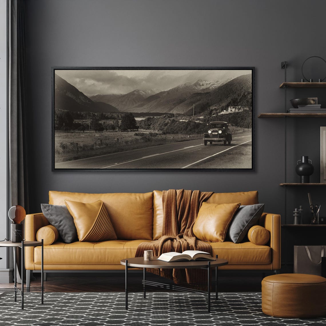 Classic Vintage Car on Mountain Highway Black White Panoramic Poster - Image 5