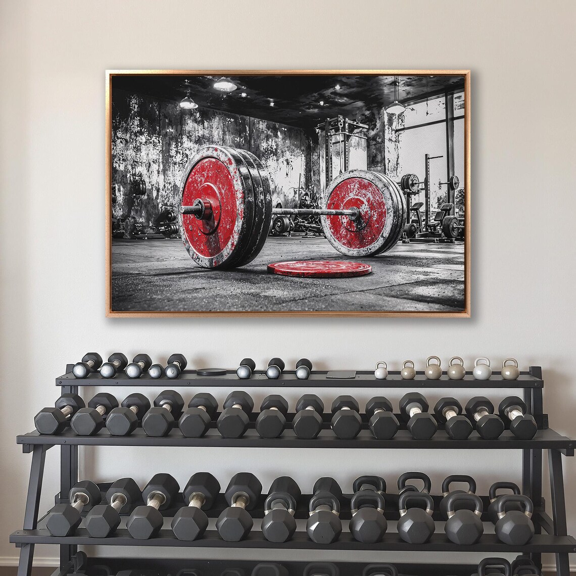 Red Barbell Plates In Black And White Grunge Gym Photo Poster - Image 4