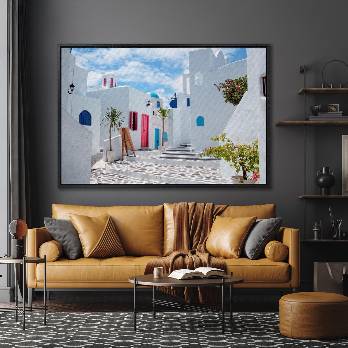 Greek Island Village Street Whitewashed Houses Daytime Wall Art - Image 3