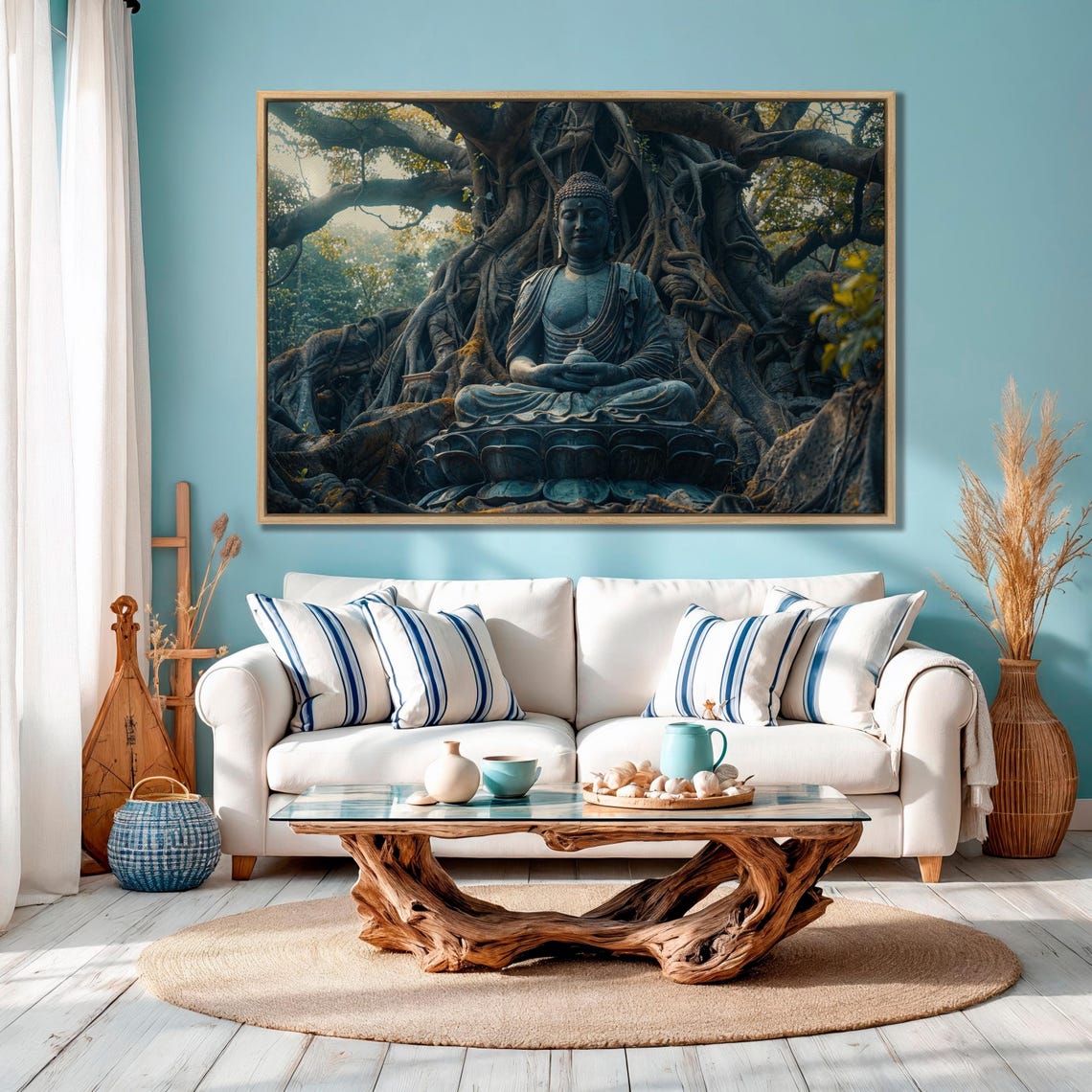 Buddha Statue Meditating Beneath Ancient Banyan Tree Roots Poster - Image 2