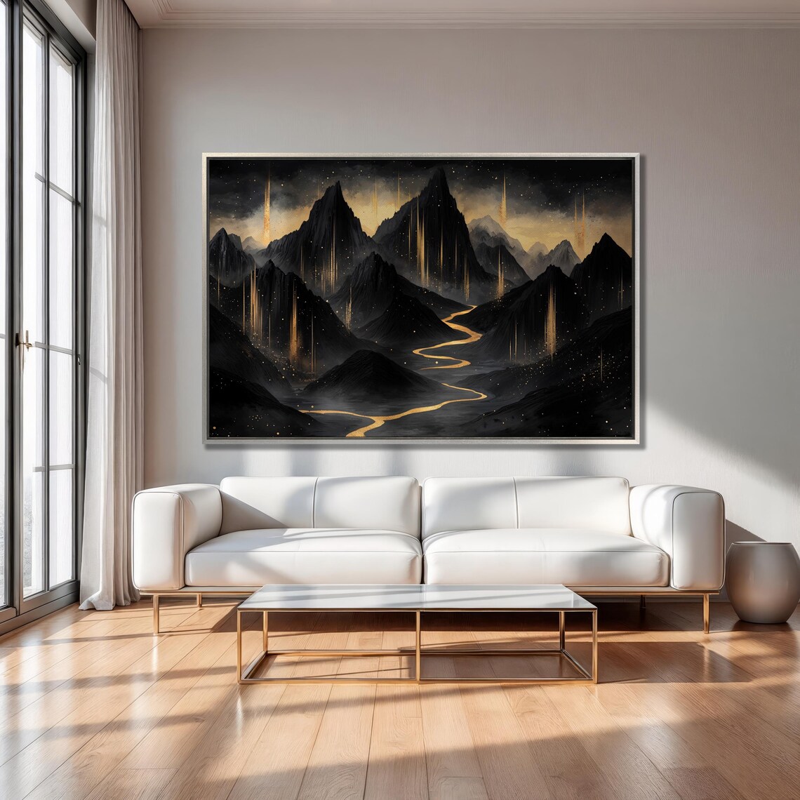 Starry Night Mountain Valley with Winding Golden River Art Poster - Image 2