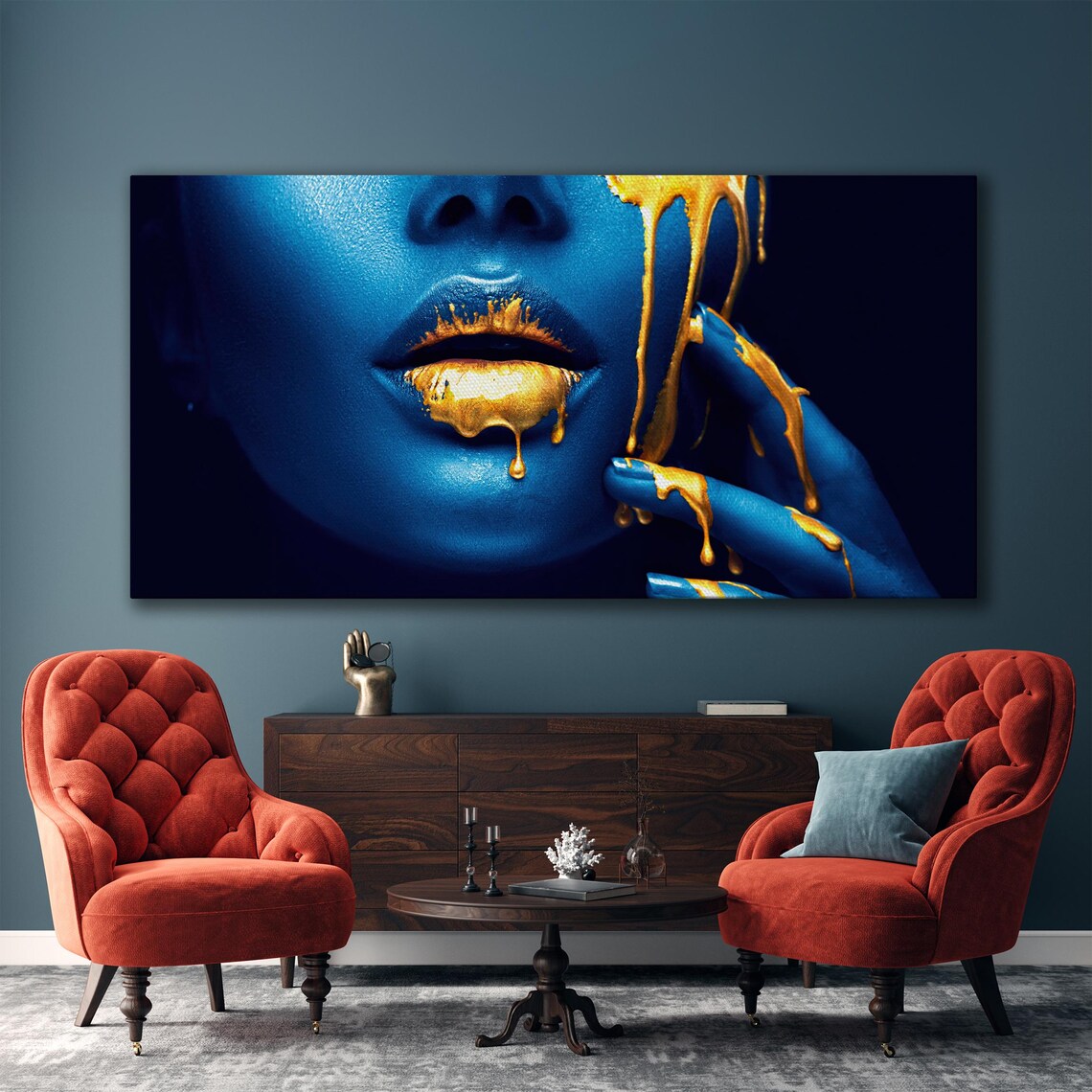 Blue and Gold Abstract Woman Face Modern Art Print - Image 5