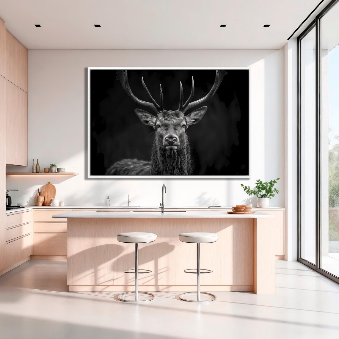 Black And White Stag Portrait Majestic Antlers Dark Wall Art - Image 5
