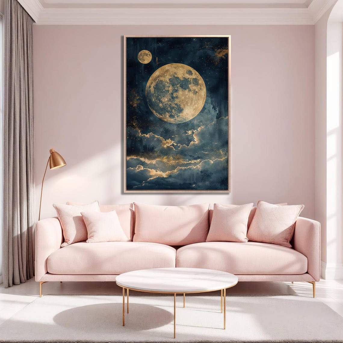 Golden Moonlight Dreamscape Wall Art Starry Night Prints Clouds Painting Print Mystical Poster Lunar Surface Decor Ready To Hang - Image 2