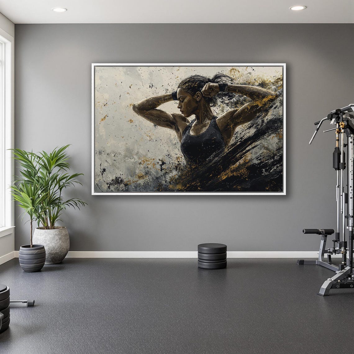 Determined Woman Adjusting Ponytail in Black Tank Splatter Art Poster - Image 5