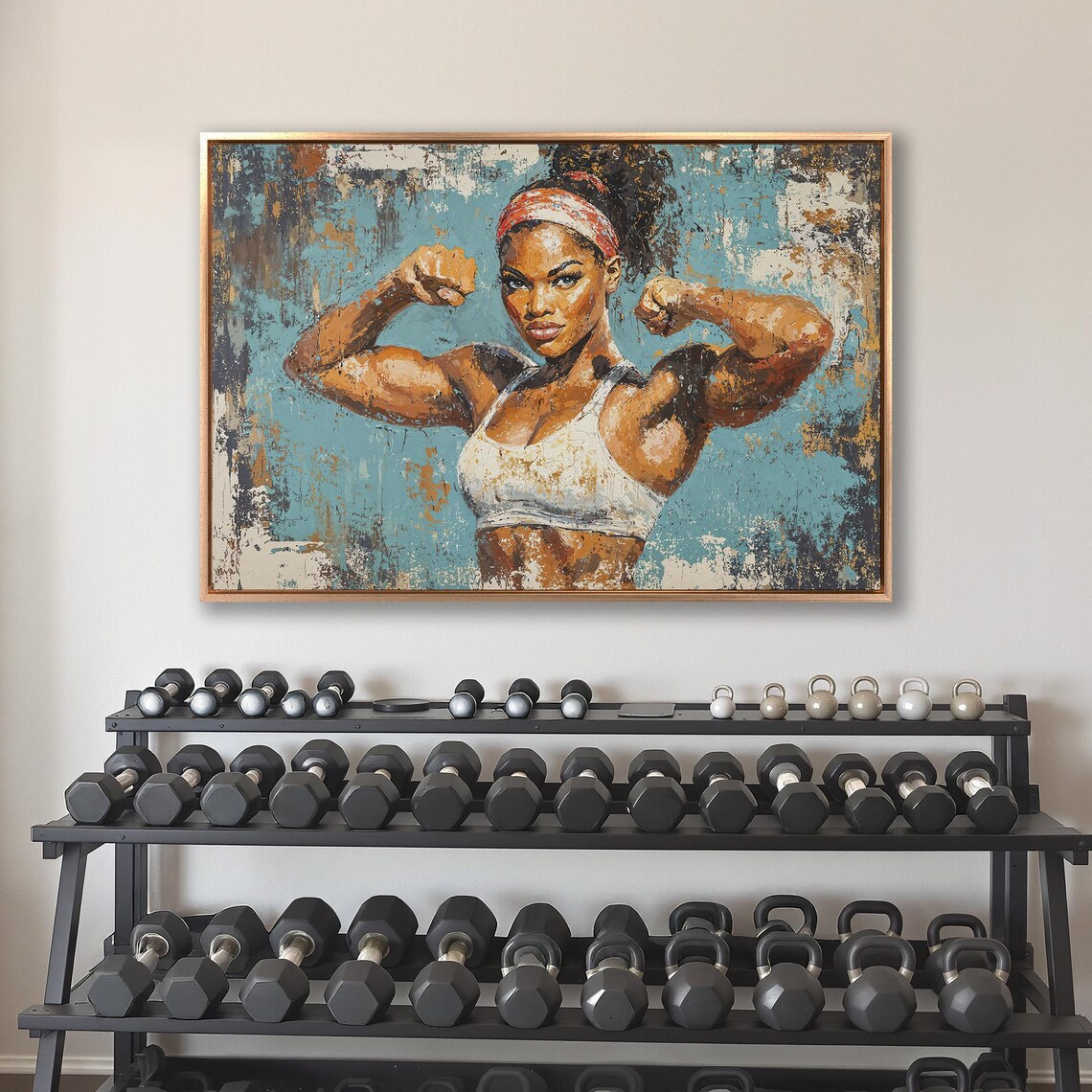 Muscular Black Woman Flexing Biceps Against Vibrant Teal Backdrop Poster - Image 4
