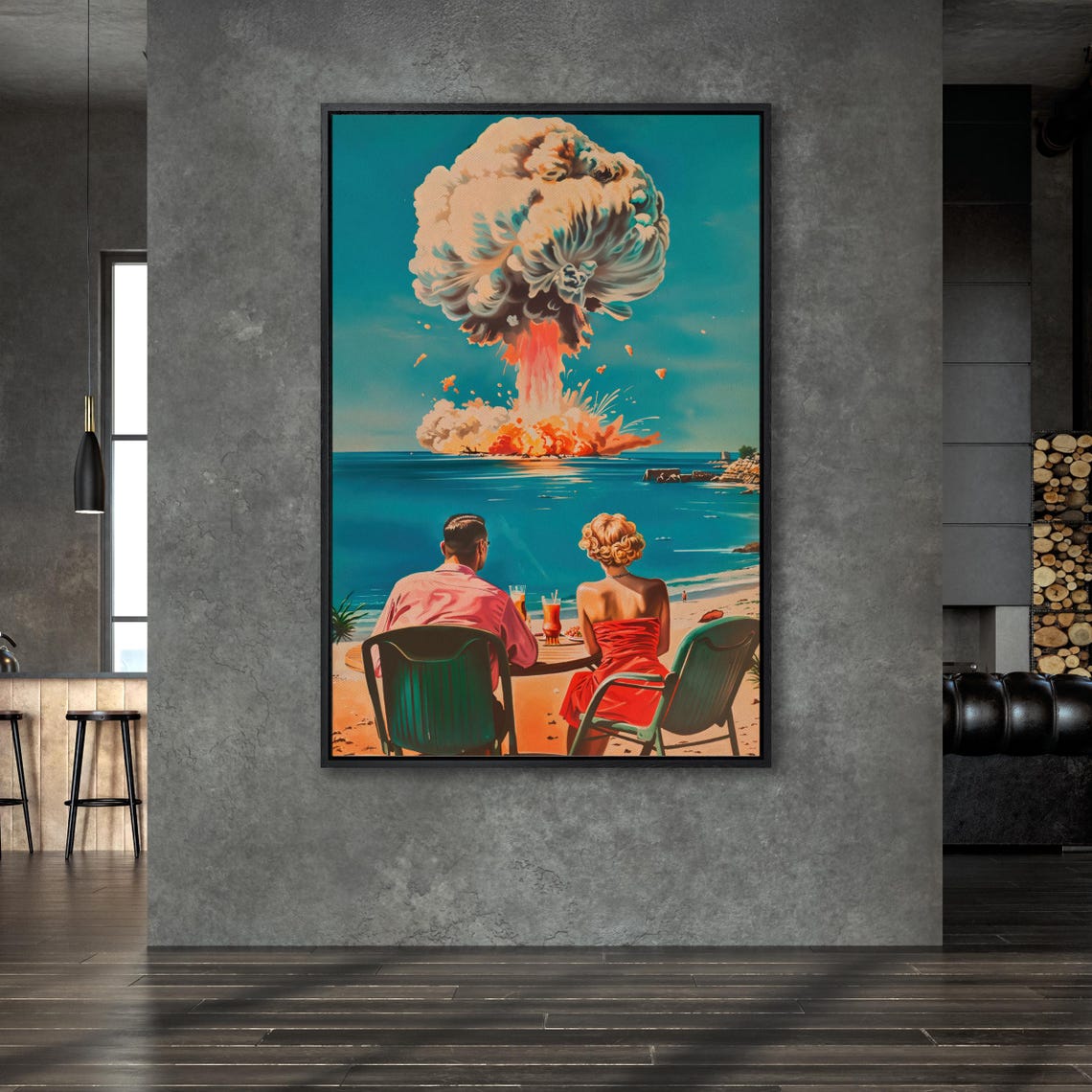 Surreal Retro Couple Watching Beach Mushroom Cloud Art Poster - Image 6