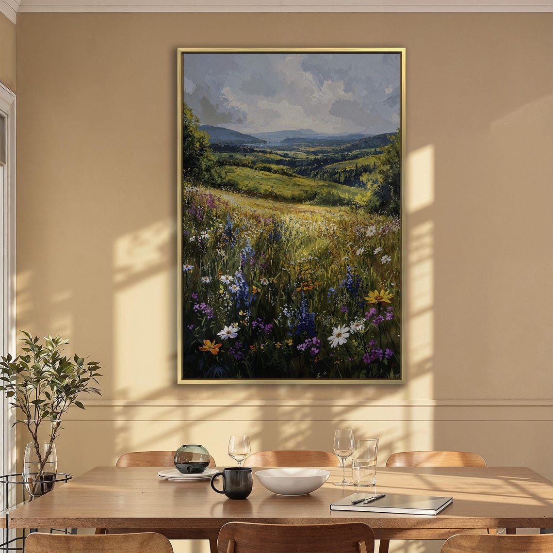 Sunlit Wildflower Meadow Overlooking a Green Valley Vista Poster - Image 2