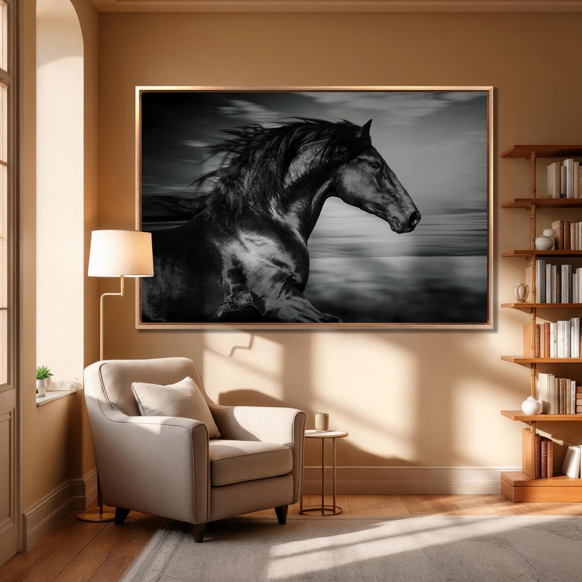 Black Horse Running Dramatic Monochrome Equine Large Wall Art - Image 3