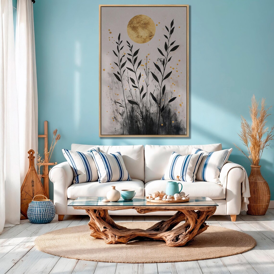 Minimalist Gold Moon With Tall Black Leafy Branches Art Print - Image 3