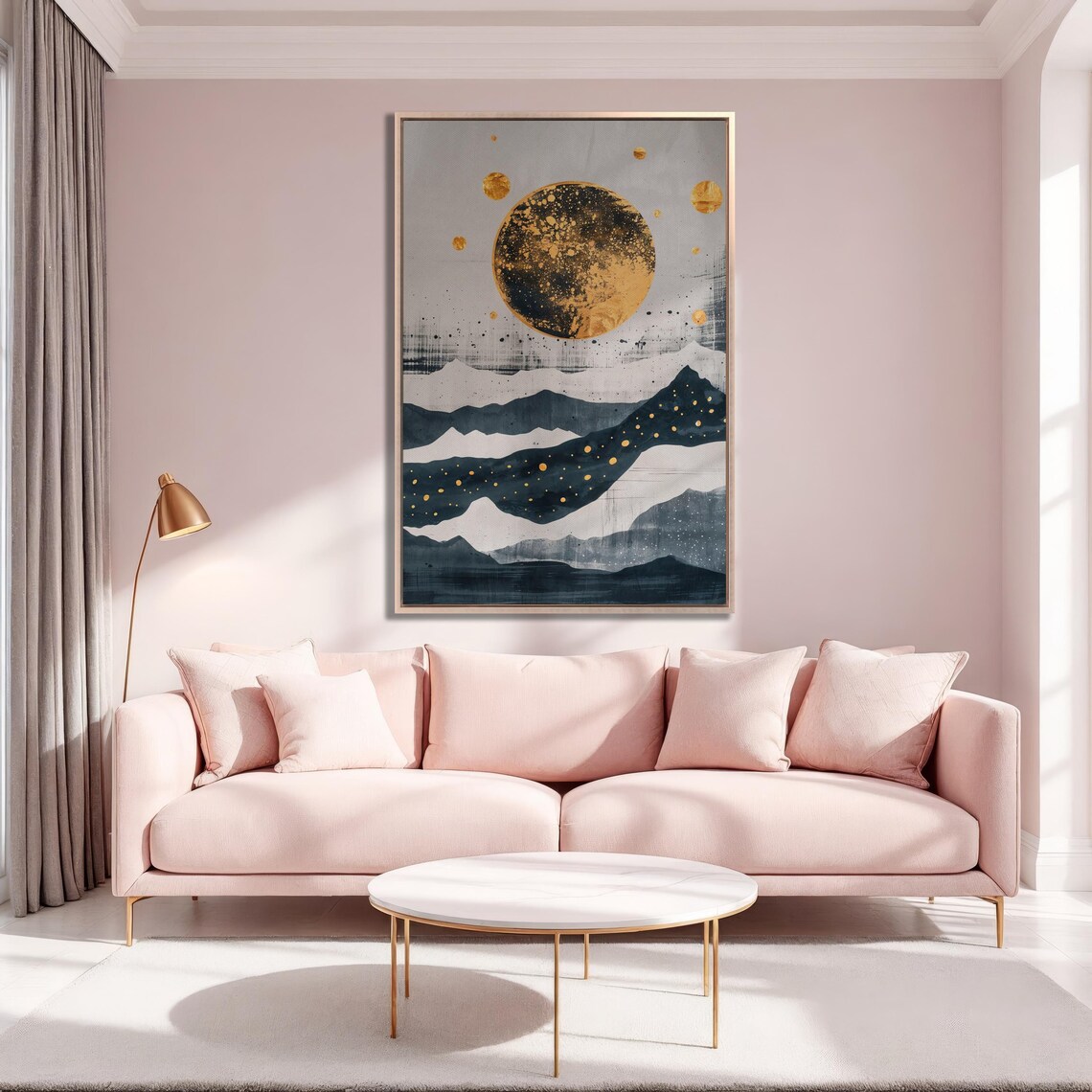 Golden Moon Over Layered Mountains Minimalist Celestial Art Poster - Image 3