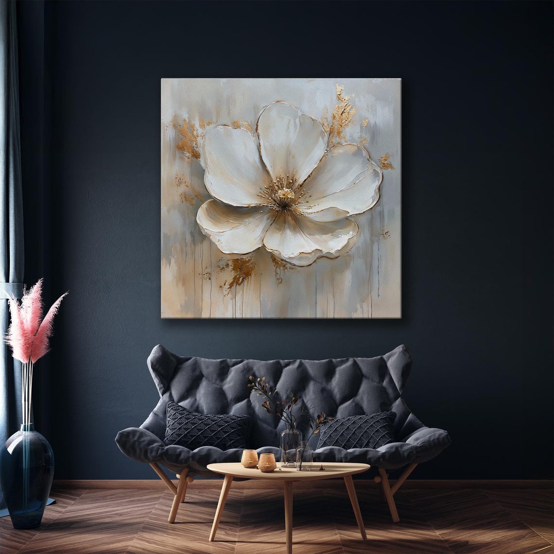 White Blossom With Gold Accents On Gray Impasto Painting Poster - Image 5