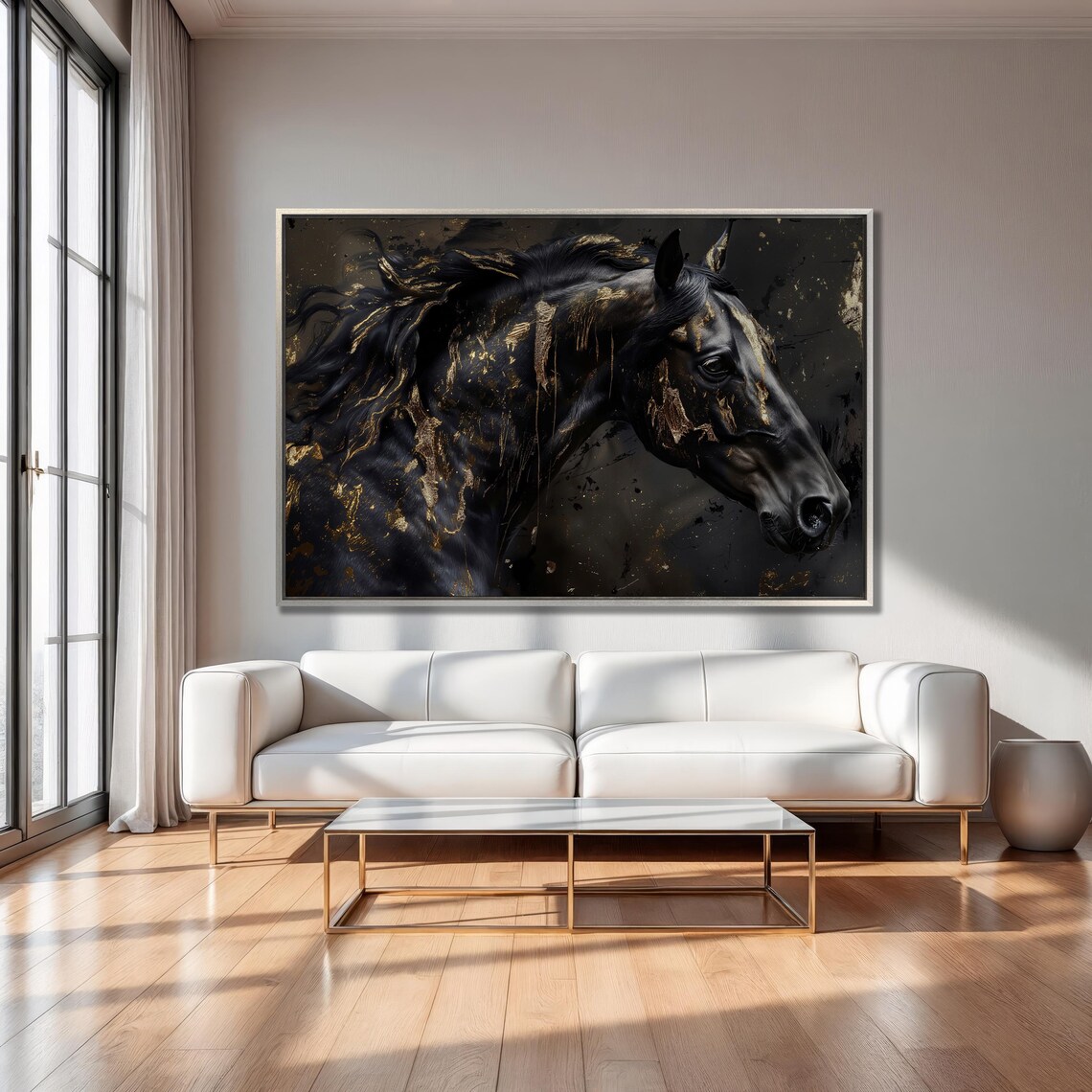 Black Horse Close Up With Gold Paint Drips Noble Equine Poster - Image 5