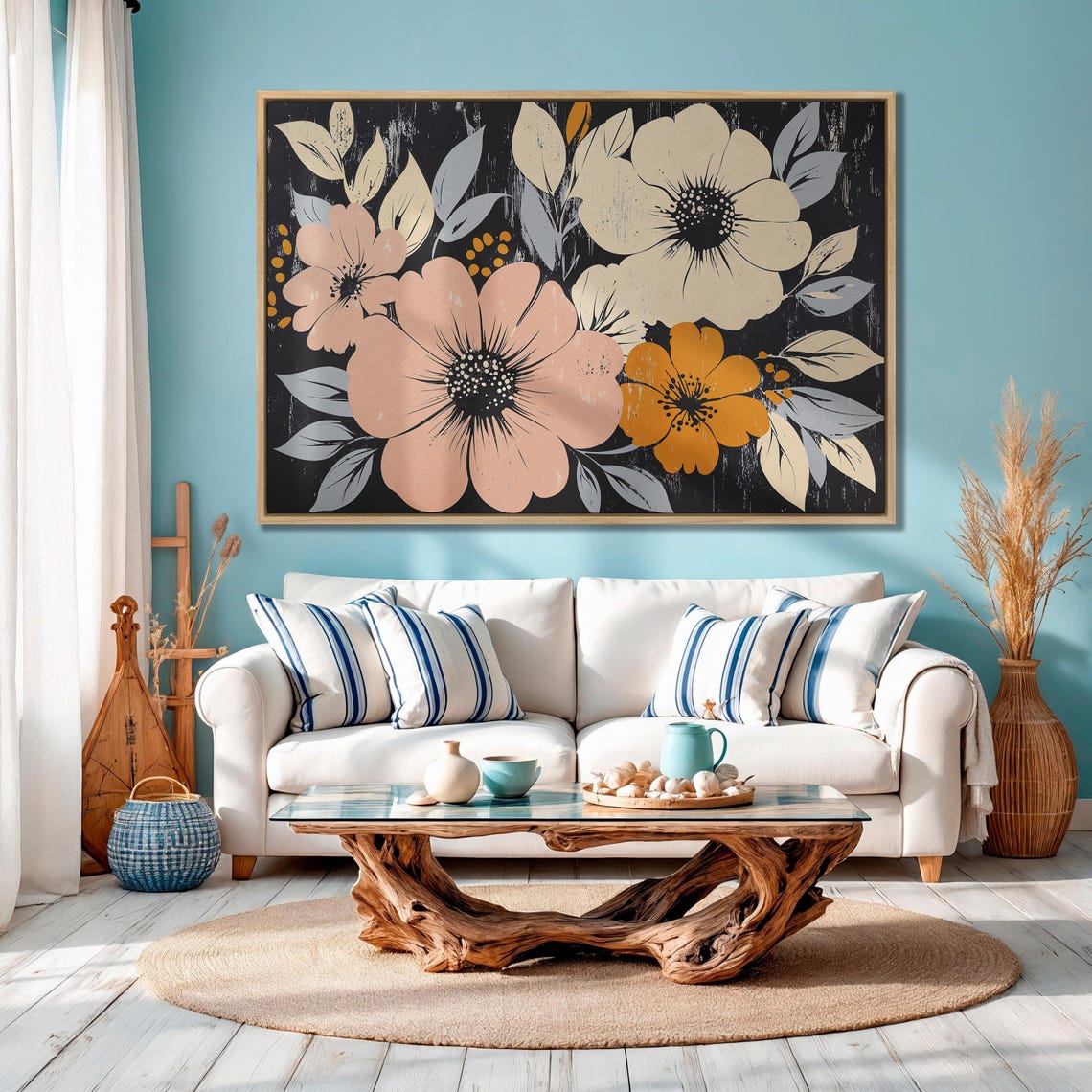 Bold Coral And Cream Blooms On Distressed Black Floral Poster - Image 4