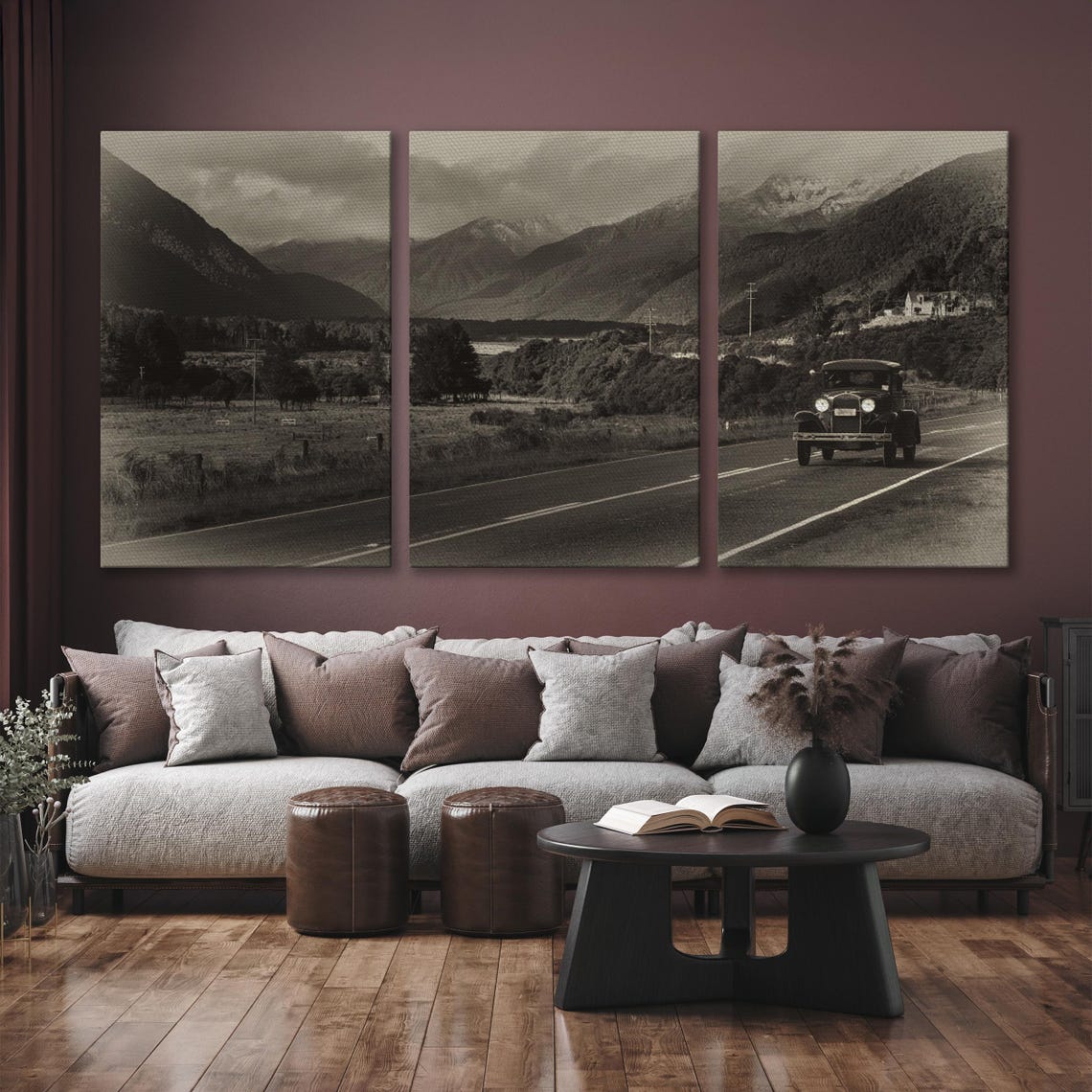 Classic Vintage Car on Mountain Highway Black White Panoramic Poster - Image 6