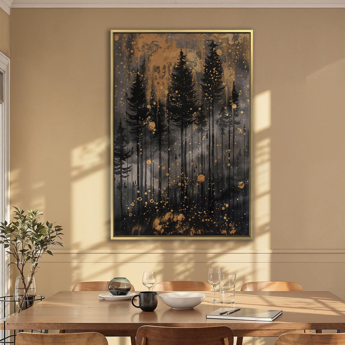 Black Pine Forest Silhouette With Gold Splatter Painting Art Poster - Image 6