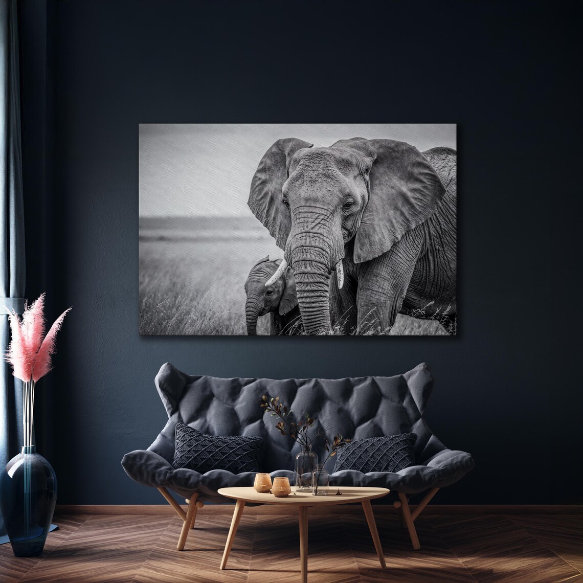 Mother Elephant And Calf Black And White Safari Photo Wall Art - Image 2