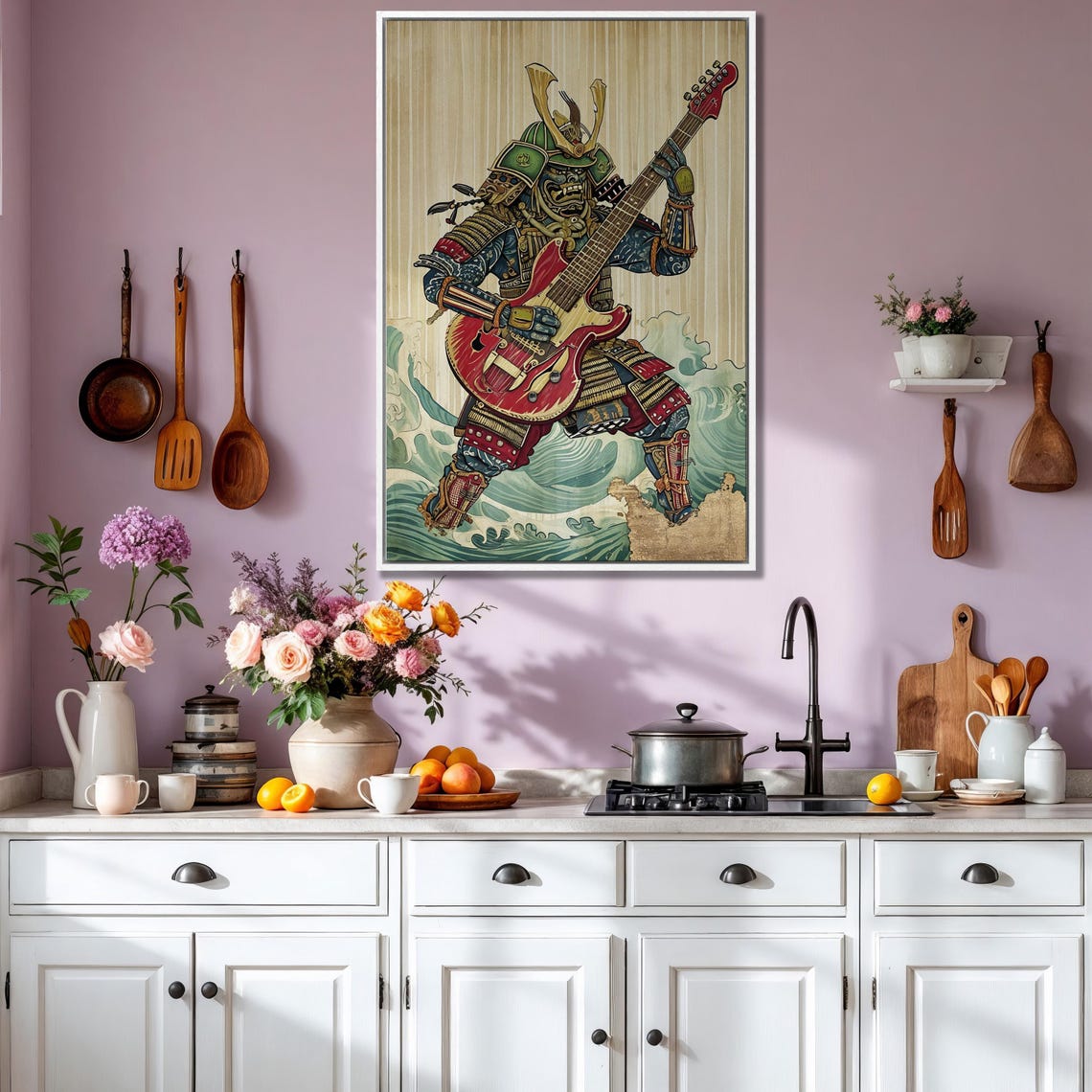 Samurai Playing Red Electric Guitar Japanese Wave Rock Wall Art - Image 6