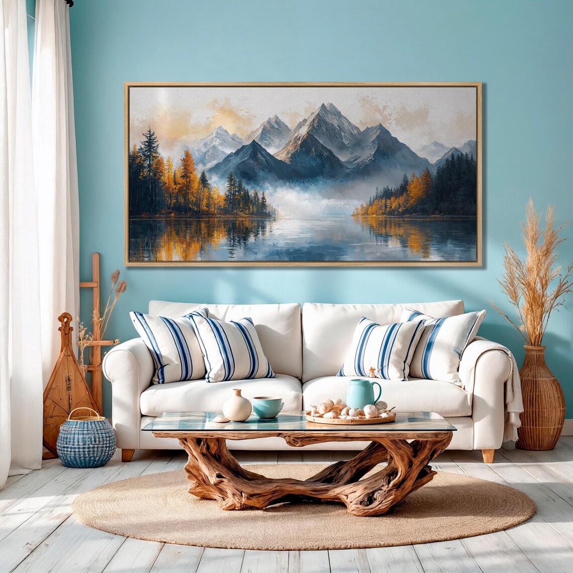 Misty Blue Mountains with Autumn Forest Lake Panorama Art Poster - Image 4