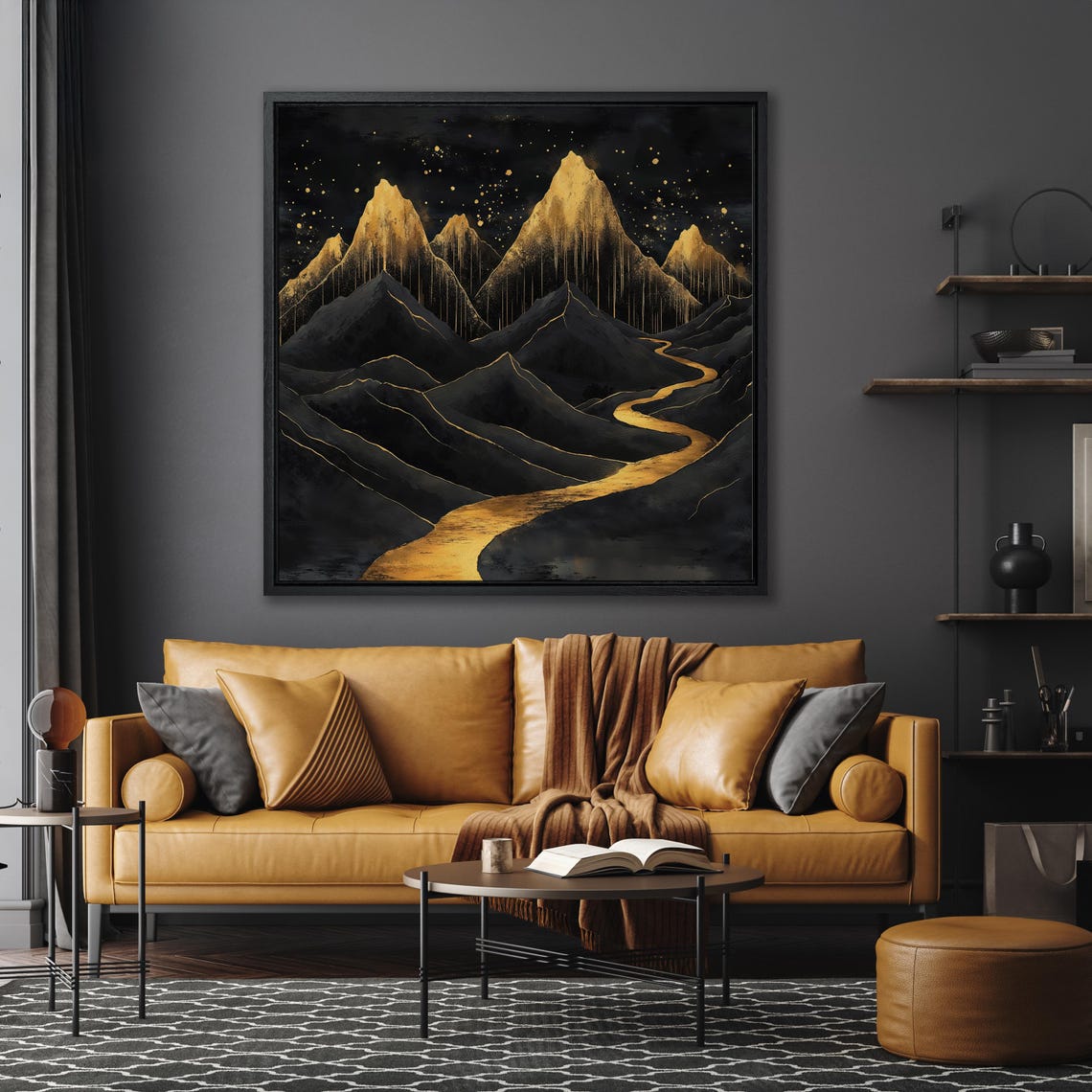 Black And Gold Mountain Peaks With Golden River Night Poster - Image 6