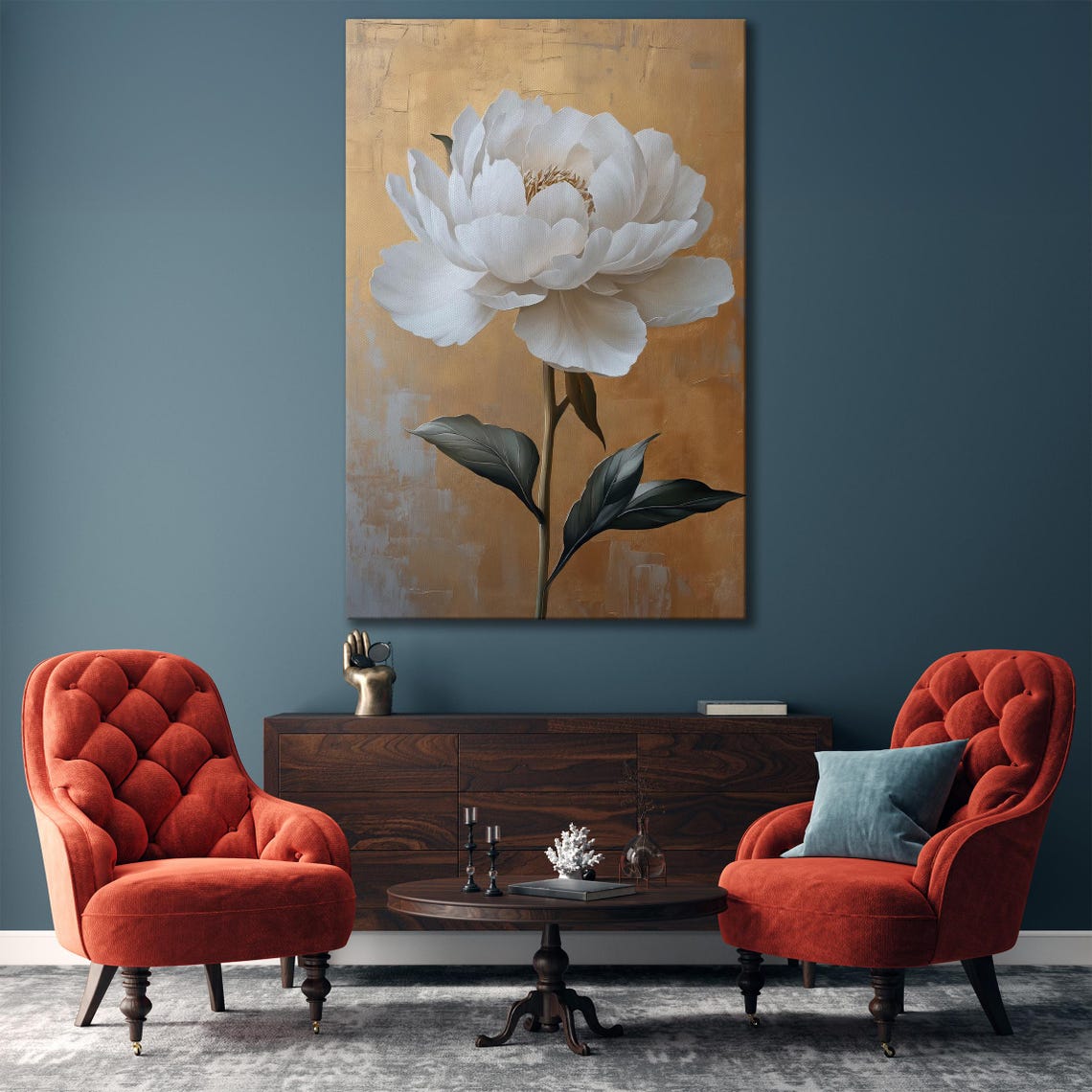 Elegant White Peony Flower On Bronze And Gold Background Art Poster - Image 3