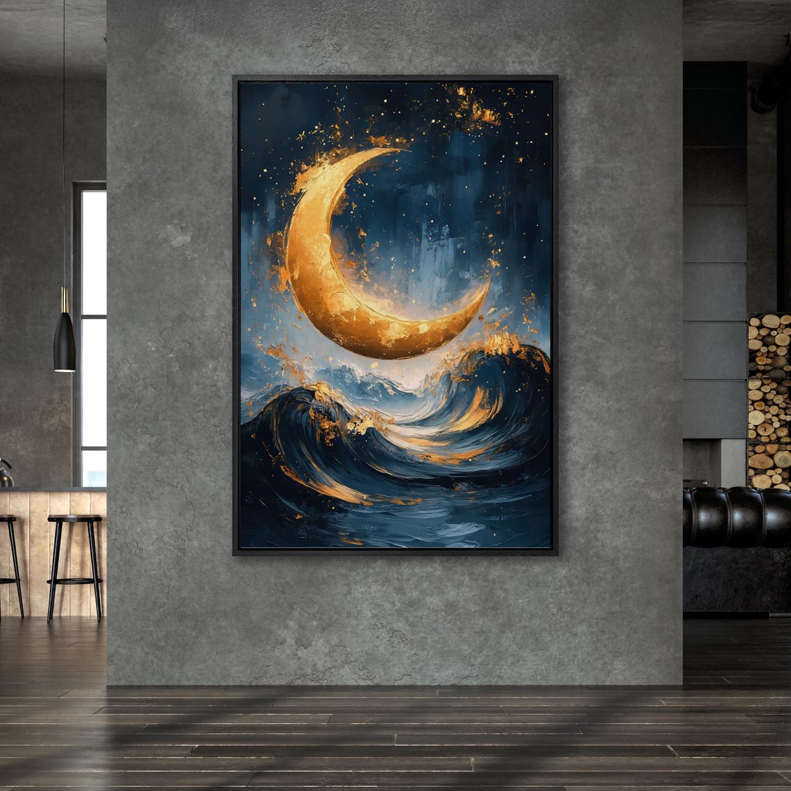 Golden Crescent Moon Glowing Over Midnight Blue Ocean Waves Poster - Image 4