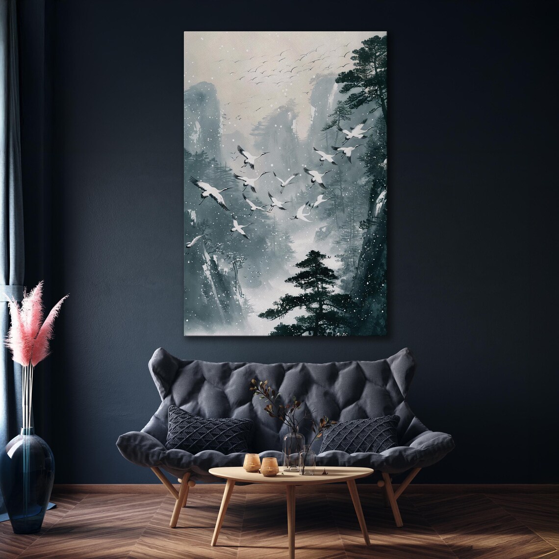 Japanese Cranes Flying Over Snowy Mountain In Ink Wash Style Poster - Image 6